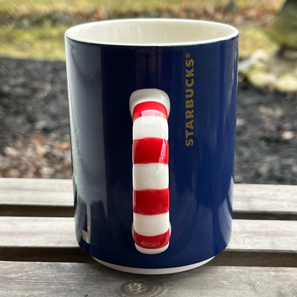 🤩 Mug Sale! Starbucks Blue Christmas Tree Mug With Candy Cane Handle EUC - Picture 3 of 8
